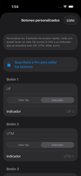 Pantalla de ajustes de botones personalizados